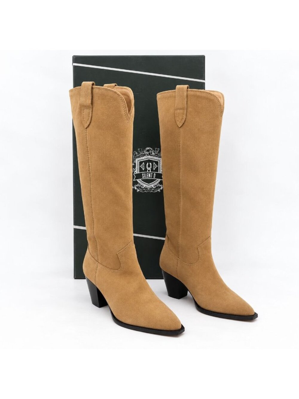 Tan Suede Leather Knee High Western Boot Pointed Toe Silent D Ivy EU 37 US 6.5
